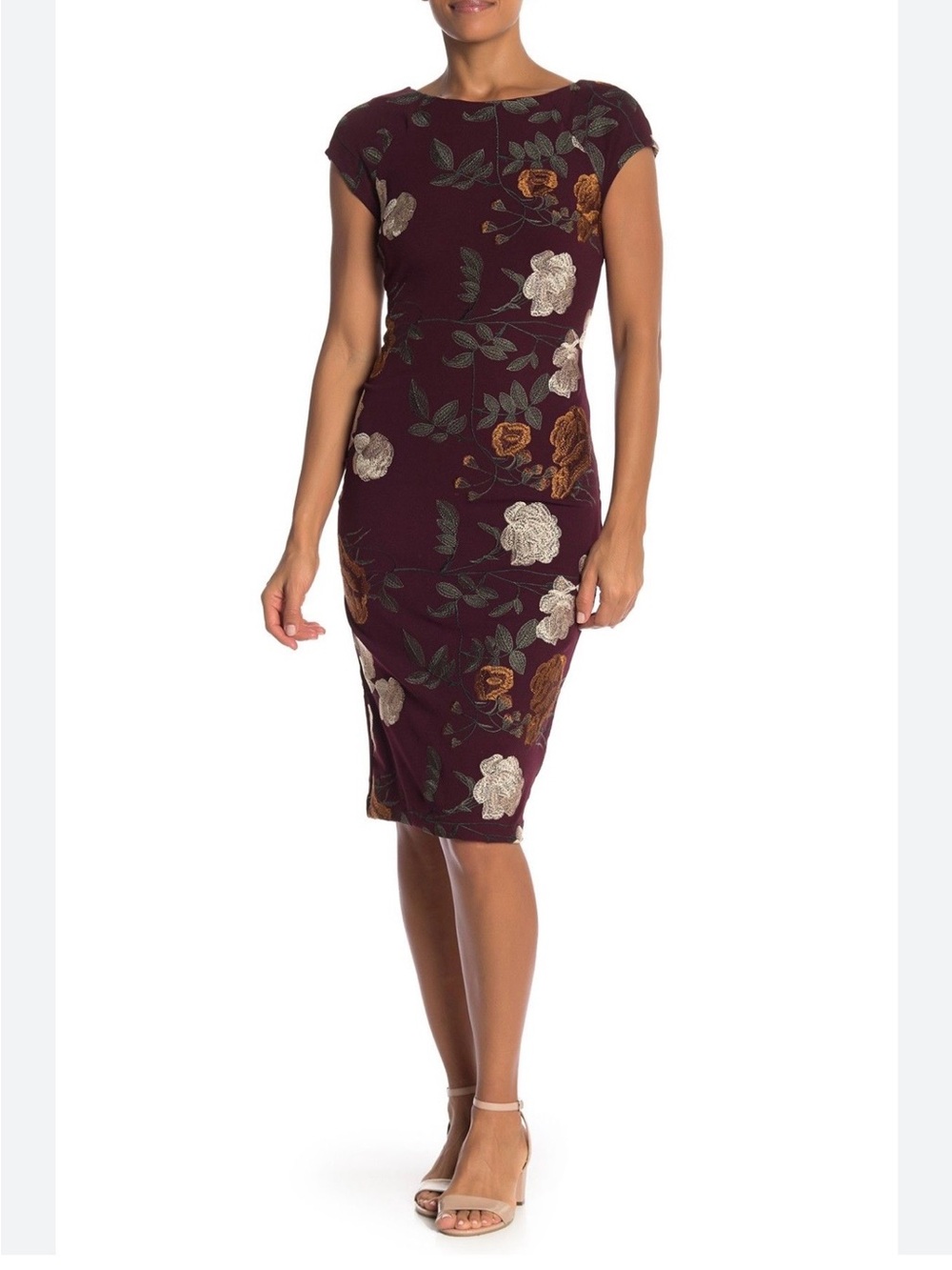 ECI Burgundy and Gold Floral Midi Dress